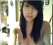 Muñeca asiaticoamericana delante de la webcam